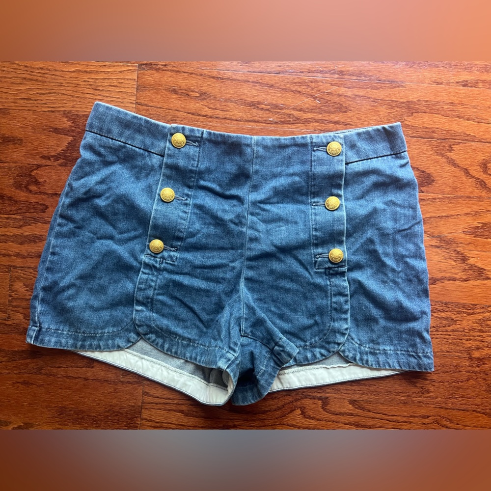 Express High-Waist Denim Sailor Shorts with Gold Buttons